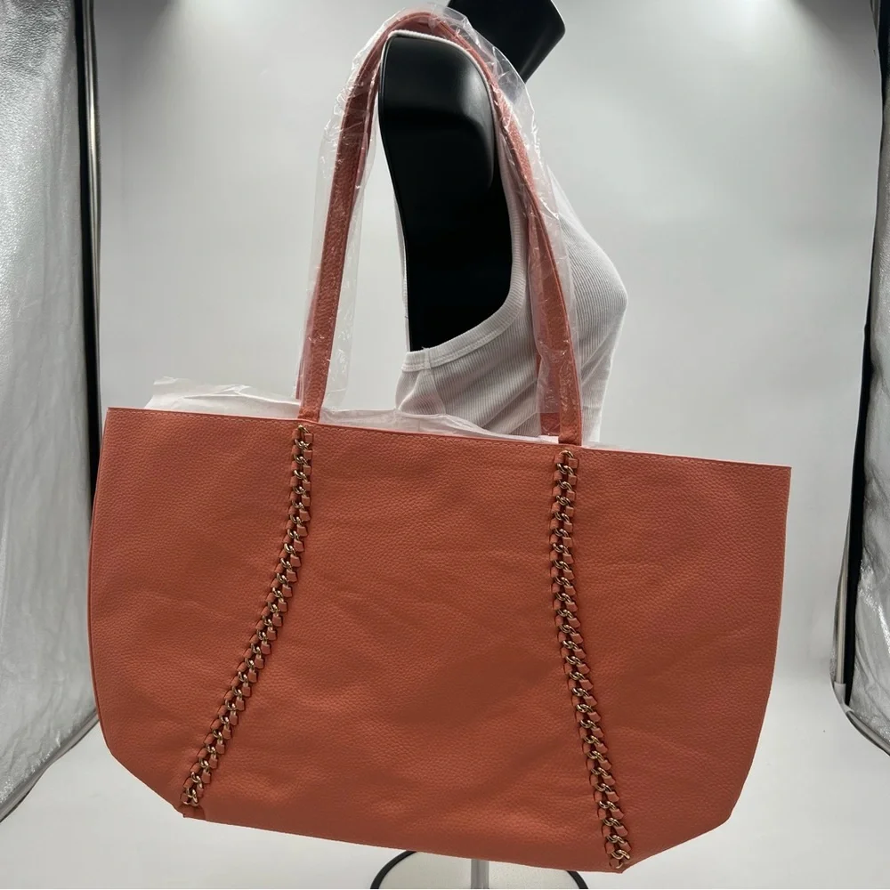 Badgley Mischka Coral Vegan Leather‎ Decorative Chain Tote Bag BMH-015 NEW